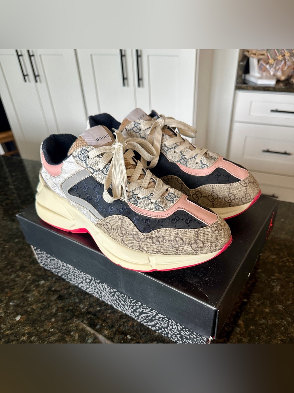 Gucci Rhyton GG Sneakers Beige Tan Navy White Pink 12M 13.5W EUC VERY CLEAN